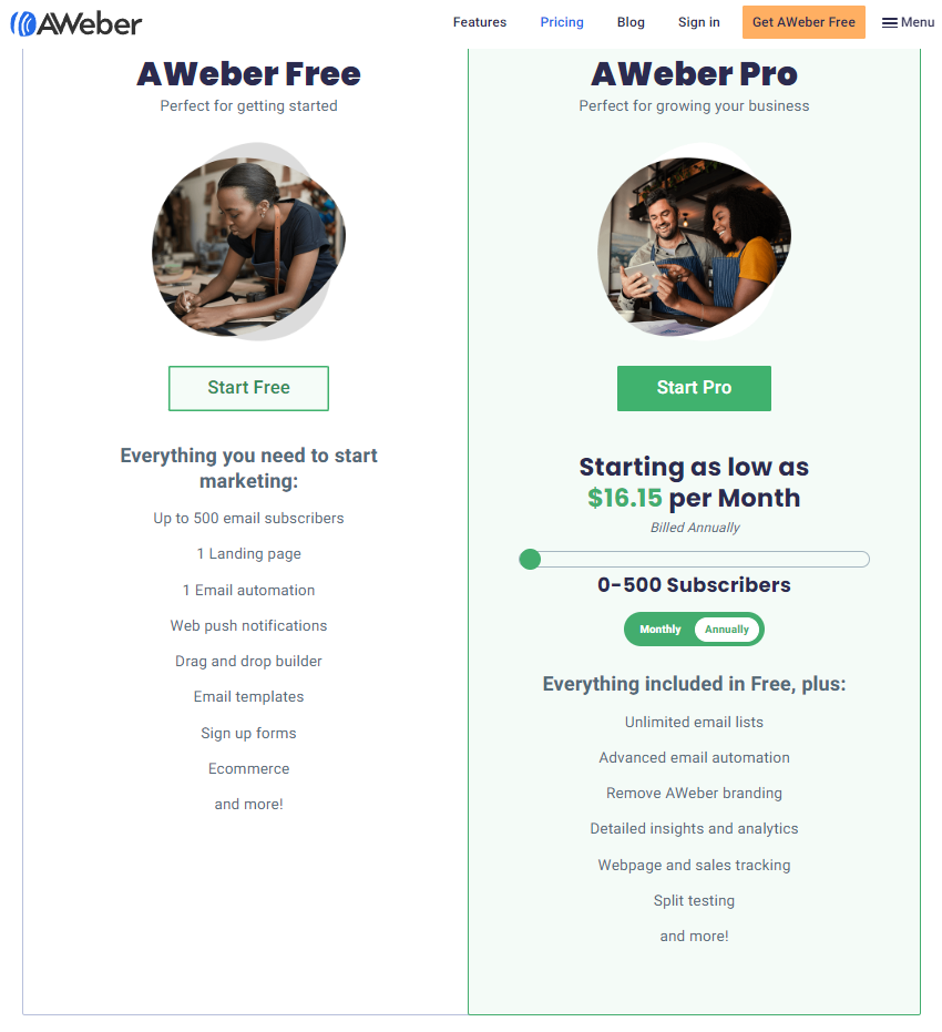 AWeber har både gratis och betalplan som alternativ.