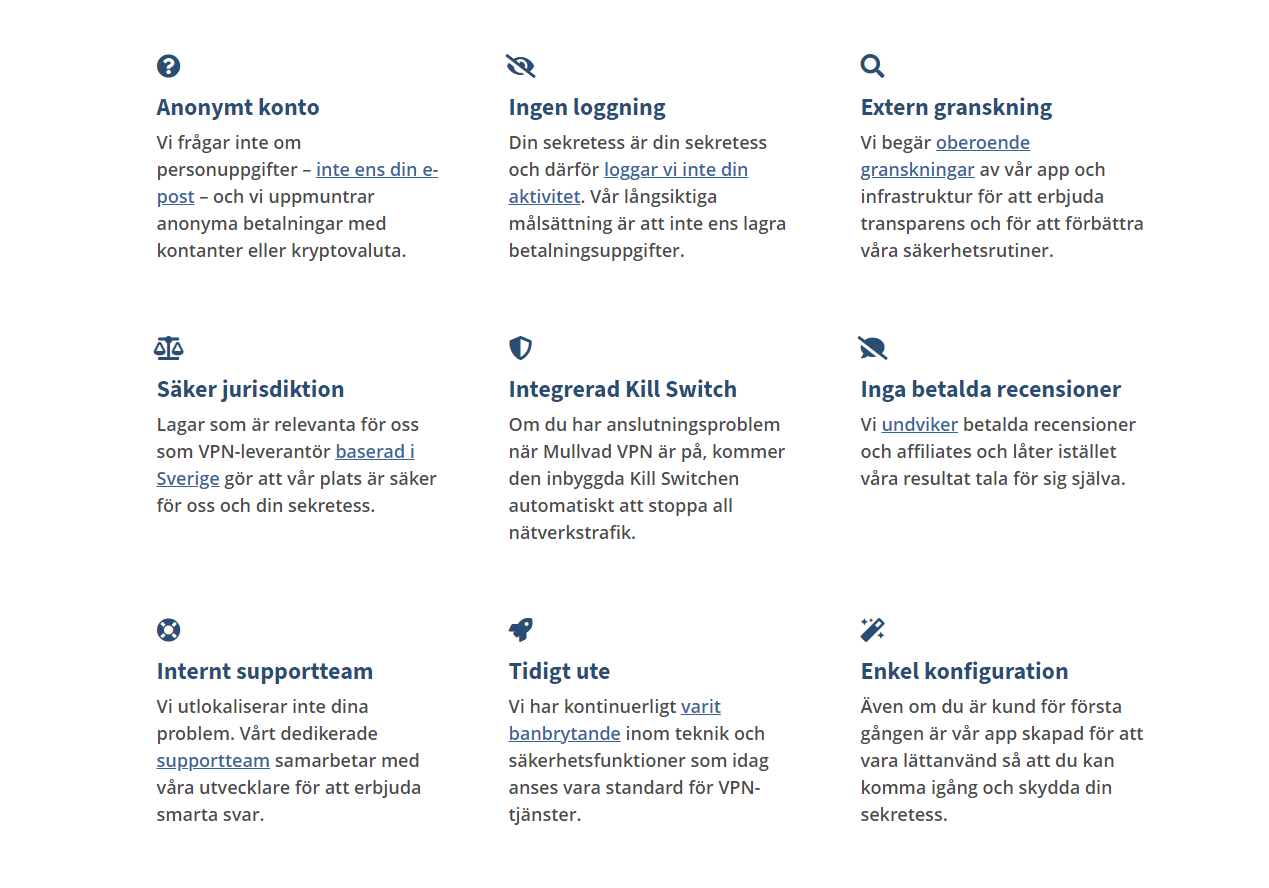 Funktionerna som Mullvads VPN-tjänst erbjuder visas på denna bild.
