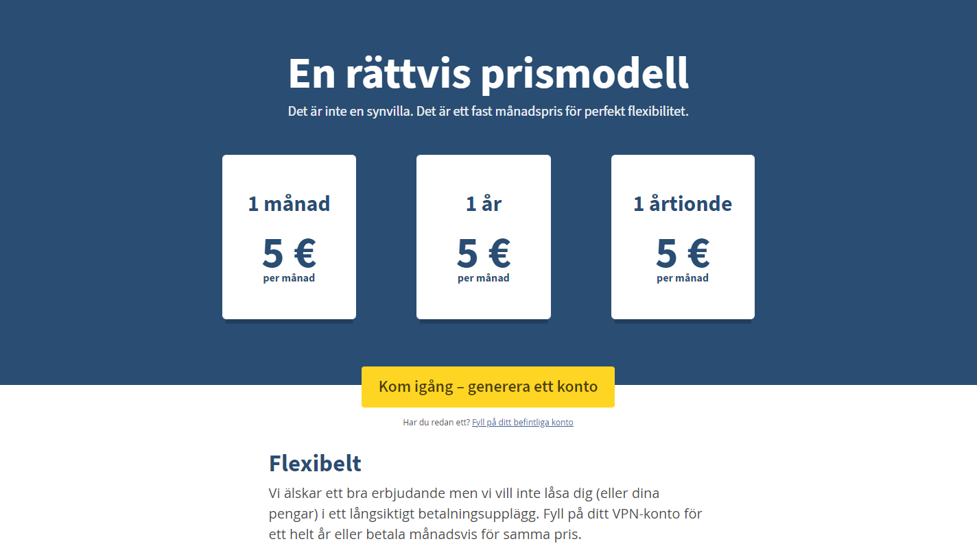 Mullvads VPN-tjänsts priser visas på denna bild.