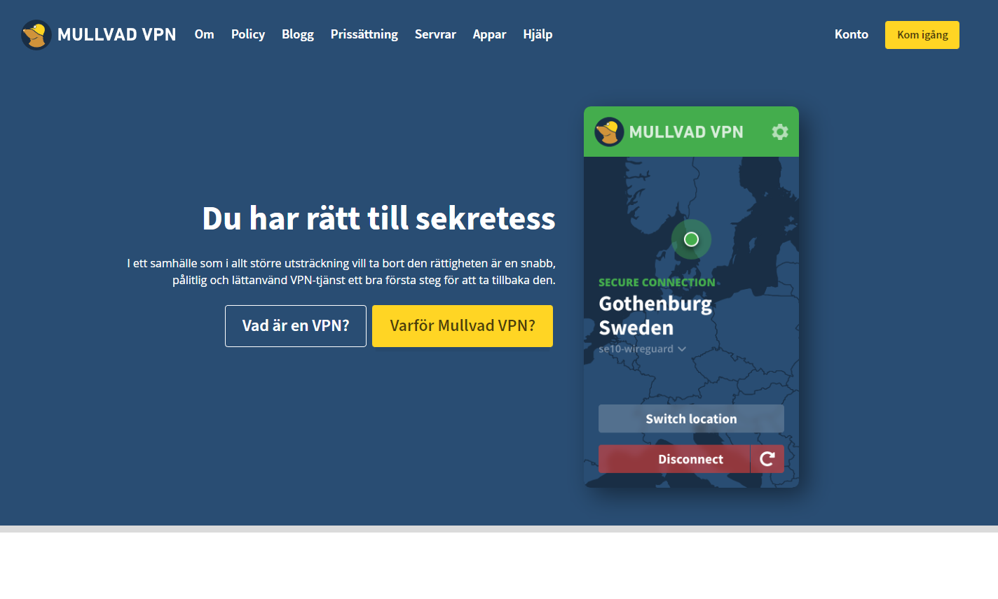 Mullvads VPNs startsida ser ut så här.